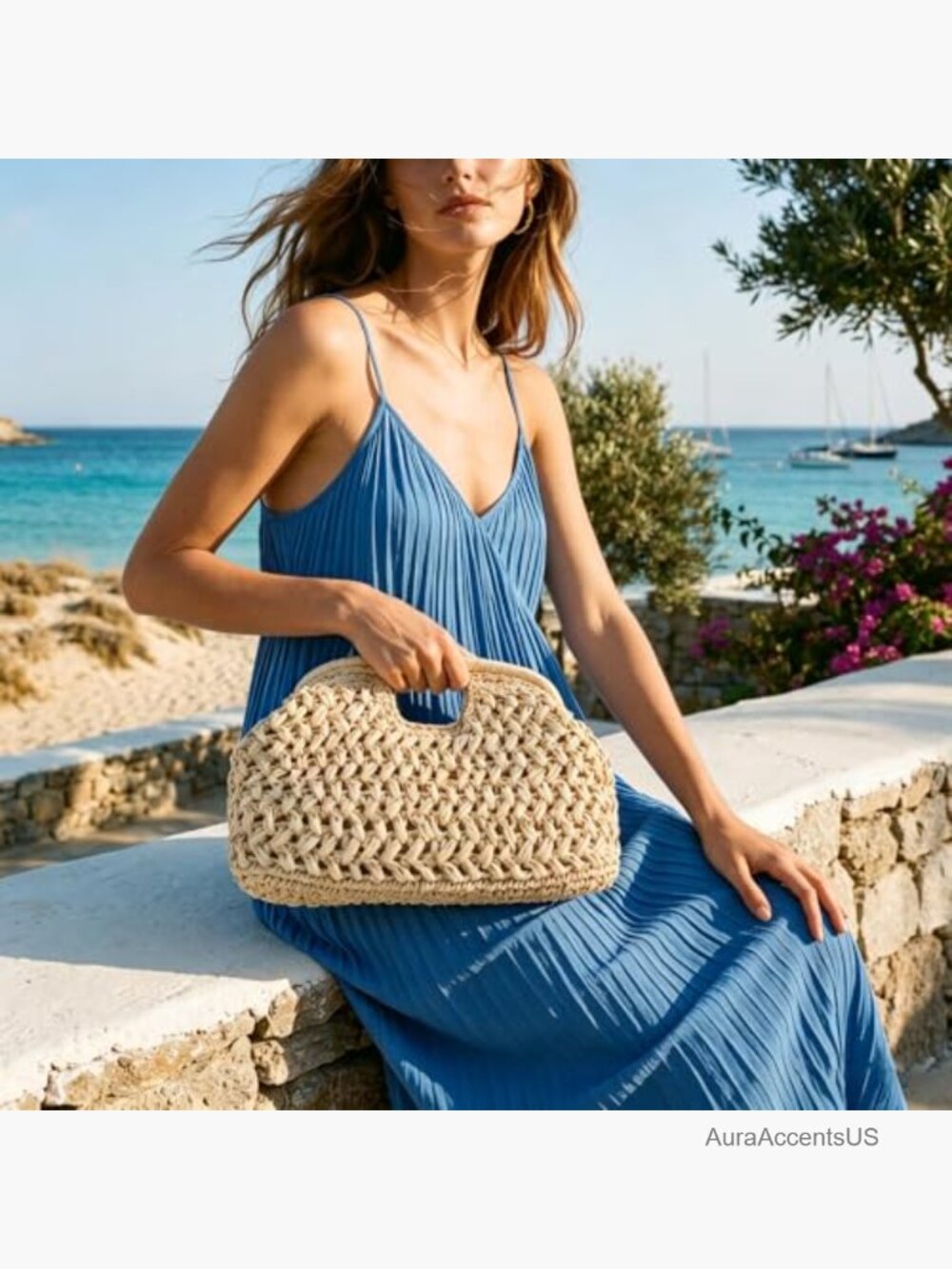 Large Straw Woven Dumpling Clutch Purse, Summer Beach Hobo Tote Bag - Picture 3 of 7